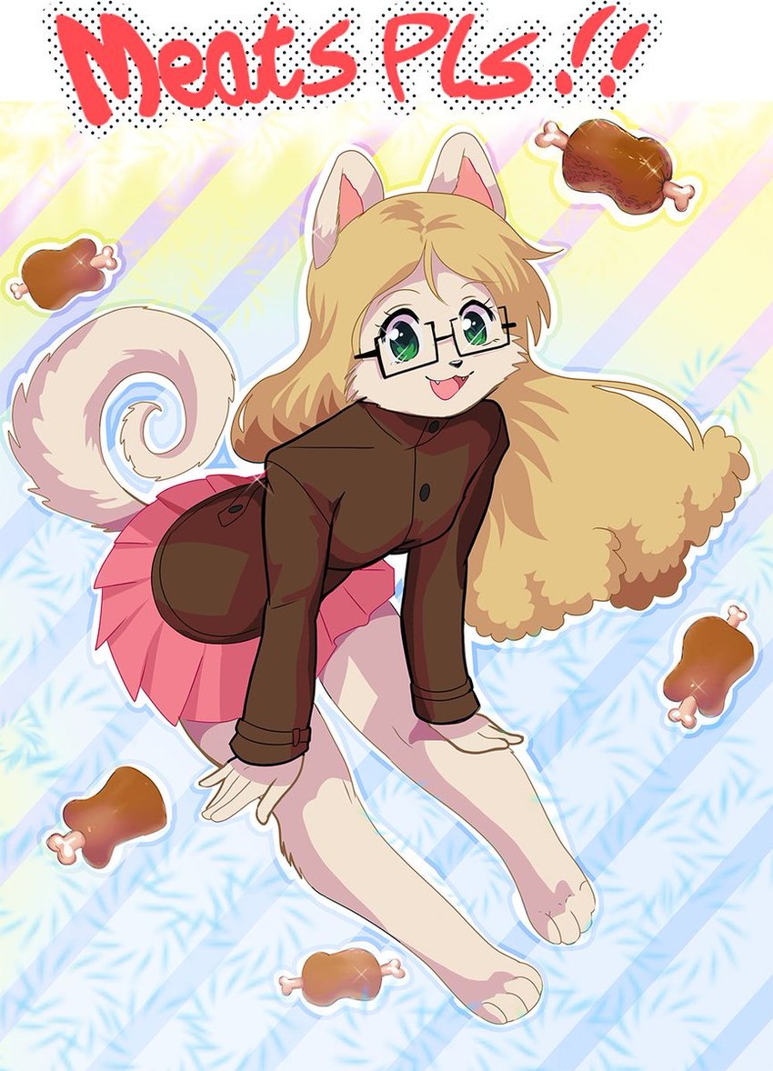 anthro bottomwear clothed clothing eyewear female food fur glasses hair hindpaw jumping looking_at_viewer meat open_mouth paws pose simple_background skirt smile solo text nendoggo nen canid canine canis domestic_dog mammal pomeranian spitz digital_media_(artwork) hi_res