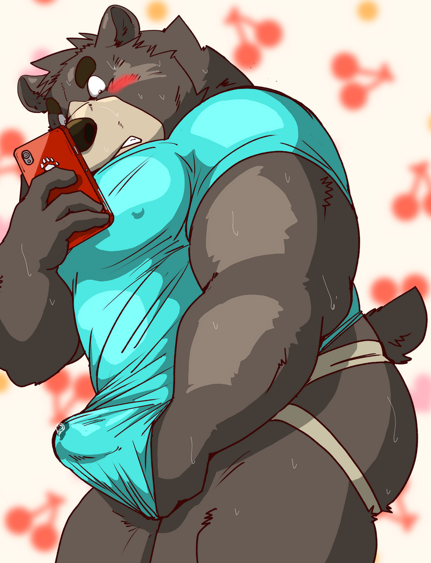 anthro black_body black_fur blush bodily_fluids bulge butt clothed clothing electronics erection erection_under_clothing fur humanoid_hands kemono male phone shirt slightly_chubby solo sweat topwear underwear raichoclub bear mammal 2019 absurd_res hi_res