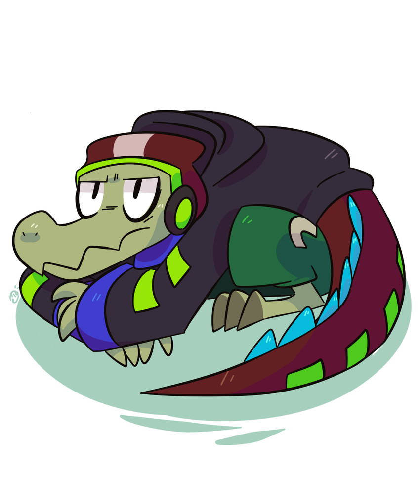 3_toes beanie bottomwear claws clothing cybernetics electronics feet fingers hat headgear headphones headwear hoodie long_tail lying machine metal_tail on_front pants prosthetic solo tail toes topwear ionicisaac lethal_league latch crocodile crocodilian reptile scalie