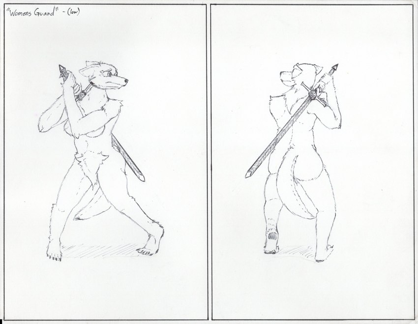 anthro black_sun ears_back feet female hyper_pubes melee_weapon pivoted_ears plantigrade pose practice solo sword tail tail_between_legs weapon doublespace canid canine canis domestic_dog german_shepherd herding_dog mammal pastoral_dog hi_res