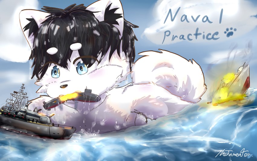 anthro battleship black_hair blue_eyes blush destruction fire fur hair kemono macro male male_pred oral_vore ship size_difference solo tail vehicle vore warship watercraft white_body thejameater sakai_the_inu canid canine canis domestic_dog hokkaido_dog mammal spitz absurd_res hi_res