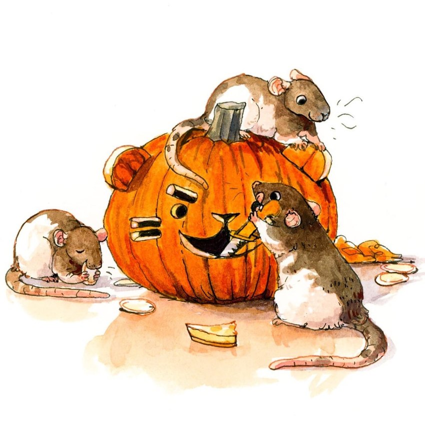 ambiguous_gender biped brown_body brown_fur eating eyes_closed feral food fruit fur group jack-o'-lantern knife plant pumpkin white_body white_fur goat-soap mammal murid murine rat rodent 2021 hi_res