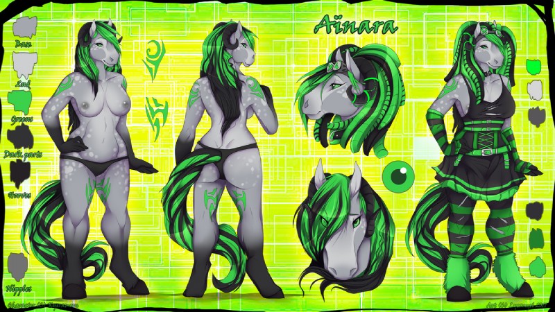 anthro black_hooves breasts female fur green_eyes green_hair grey_body grey_fur hair hooves navel nipples off/on smile solo lycangel ainara equid equine horse mammal 16:9 2017 digital_media_(artwork) model_sheet widescreen