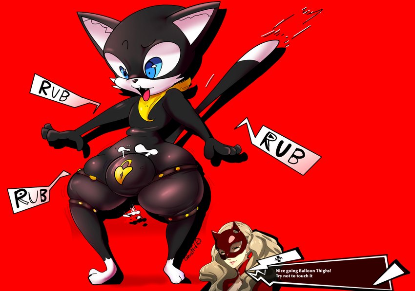 anthro bulge bulge_rubbing clothing embarrassed expansion latex latex_clothing male null null_bulge shocked solo speech_bubble text thigh_expansion transformation ghostful atlus megami_tensei persona_(series) persona_5 sega ann_takamaki morgana_(persona) domestic_cat felid feline felis mammal english_text hi_res