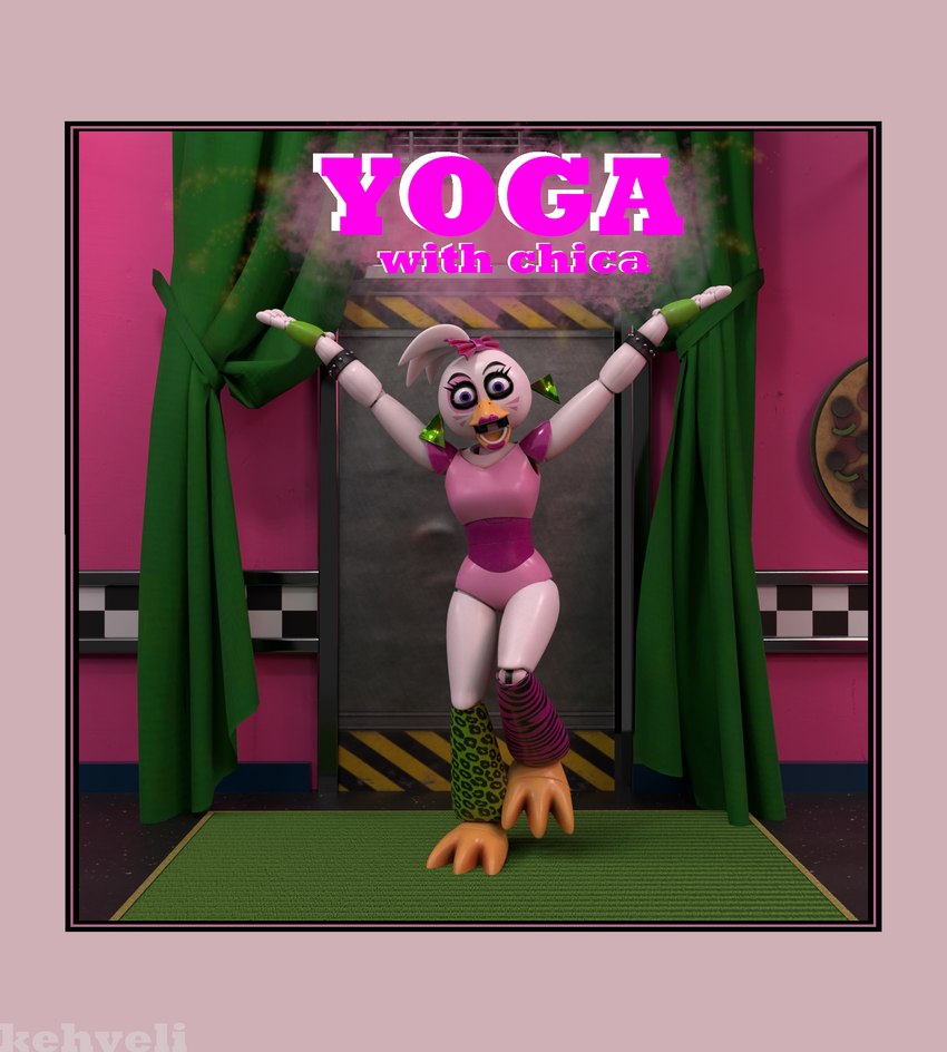 female machine solo yoga kehveli five_nights_at_freddy's five_nights_at_freddy's:_security_breach scottgames steel_wool_studios glamrock_chica avian bird chicken galliform gallus_(genus) humanoid phasianid robot robot_humanoid 3d_(artwork) digital_media_(artwork) hi_res