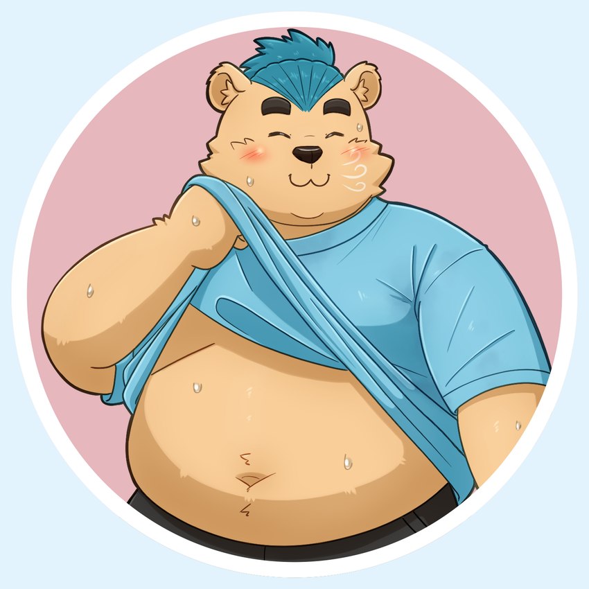 anthro belly blue_hair blush bodily_fluids brown_body brown_fur clothing eyebrows fur hair male navel overweight pupils shirt slit_pupils smile solo sweat t-shirt thick_eyebrows topwear yaki_atsuage vtuber umi_simanami bear mammal 1:1 hi_res