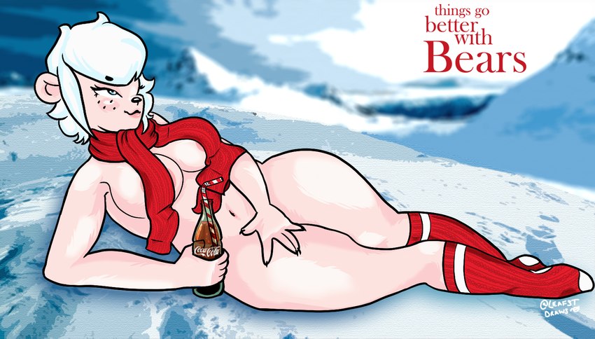 advertisement anthro arm_support bendy_straw beverage blue_eyes blush clothed clothing cola covering covering_self drinking_straw female fur hair knee_highs leaning_on_elbow legwear looking_away lying on_side outside partially_clothed pink_body pink_fur pose red_clothing scarf short_hair smile smirk soda solo teasing white_hair wide_hips leafst coca-cola northern_lights_(coca-cola) bear mammal polar_bear ursine 2022 hi_res pinup