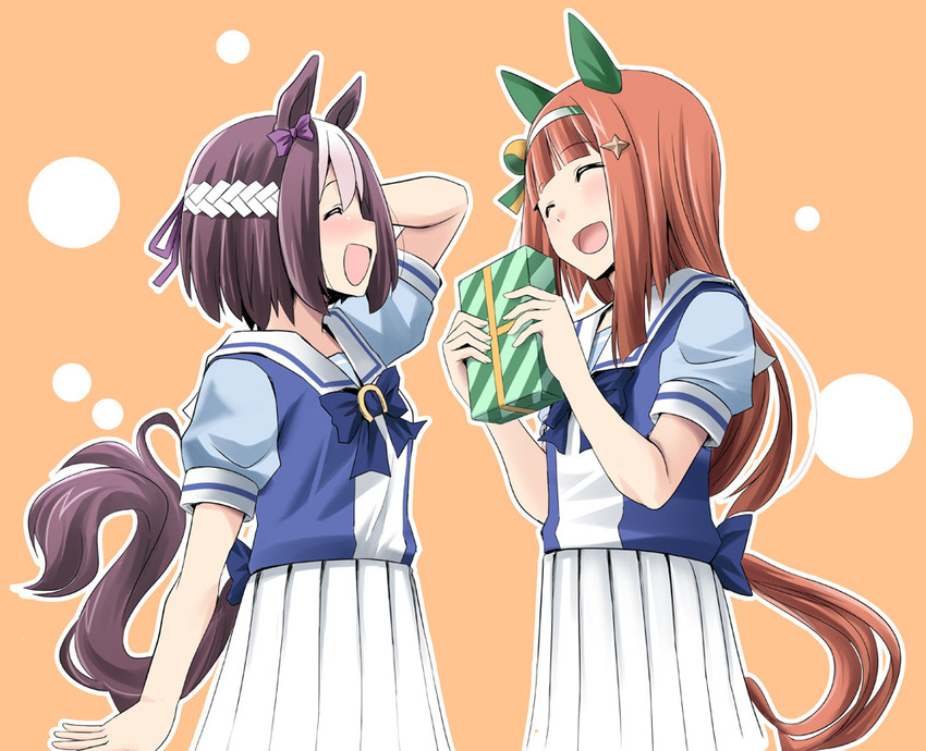 brown_hair clothed clothing dress duo eyes_closed female gift hair holding_object open_mouth tonpuu cygames uma_musume_pretty_derby silence_suzuka_(pretty_derby) special_week_(pretty_derby) animal_humanoid equid equid_humanoid equine equine_humanoid horse_humanoid humanoid mammal mammal_humanoid 2020