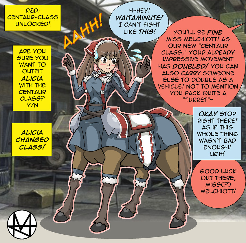 after_transformation alternate_species balls blush breasts brown_hair dialogue genitals gynomorph hair inside intersex offscreen_character photo_background pigtails solo standing surprise text sera-fuku european_mythology greek_mythology mythology sega valkyria_chronicles alicia_melchiott centaur equid equid_taur humanoid_taur mammal mammal_taur taur 2017 english_text hi_res photography_(artwork)