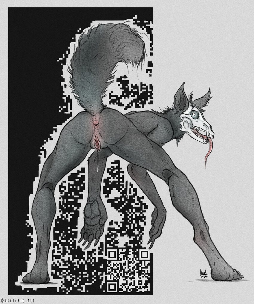 anthro anus bodily bodily_fluids bone butt digitigrade dripping fangs female genital_fluids genitals humanoid_genitalia humanoid_pussy nude presenting pussy pussy_juice_drip rear_view seductive skull skull_head solo tail teeth vaginal_fluids white_eyes arcr-cric scp_foundation mal0 scp-1471-a monster 2024 digital_media_(artwork) hi_res