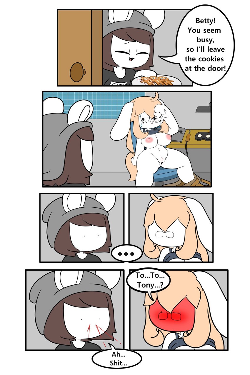 anthro blood bodily_fluids breasts cookie dialogue female food genitals male nipple_dip nipples nosebleed pussy sweat tonytoran betty_(tonytoran) tony_(tonytoran) chinchilla chinchillid lagomorph leporid mammal rabbit rodent 2:3 comic hi_res