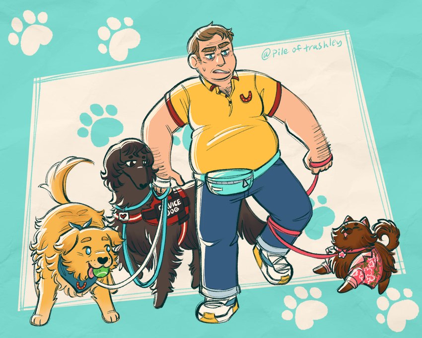 3_toes 5_fingers arm_hair arms_bent ball bent_leg black_nose blonde_eyebrows blue_background blue_bottomwear blue_clothing blue_eyes blue_kerchief blue_neckerchief blue_pants bodily_fluids body_hair bottomwear brown_body brown_eyebrows brown_fur brown_hair brown_tail button_(fastener) cheek_tuft chest_hair clothed clothed_human clothed_male clothing collar dog_walking excited eyebrows eyes_closed facial_tuft fanny_pack feet female female_feral feral feralized fingers floppy_ears fluffy fluffy_ears fluffy_tail footwear fully_clothed fully_clothed_human fully_clothed_male fur group hair kerchief larger_feral larger_human larger_male leash leash_around_leg leashed_collar light looking_at_another lop_ears male male_feral mature_human mature_male multicolored_body multicolored_fur neckerchief neckwear pants paws pink_dress_shirt pink_tongue quadruped service_dog_harness shoes short_hair simple_background size_difference slightly_chubby slightly_chubby_human slightly_chubby_male smaller_female smaller_feral smaller_male sweat sweatdrop tail tan_body tan_skin teeth tennis_ball tennis_ball_in_mouth text thick_eyebrows toes tongue tuft two_tone_body two_tone_fur white_clothing white_footwear white_shoes wrinkles yellow_body yellow_fur yellow_polo_shirt yellow_tail zipper pile-of-trashley mouthwashing anya_(mouthwashing) curly_(mouthwashing) daisuke_(mouthwashing) swansea_(mouthwashing) afghan_hound bird_dog borzoi canid canine canis domestic_dog golden_retriever human hunting_dog hybrid mammal pomeranian retriever sighthound spitz 2024 artist_name colored digital_drawing_(artwork) digital_media_(artwork) english_description english_text hi_res lighting