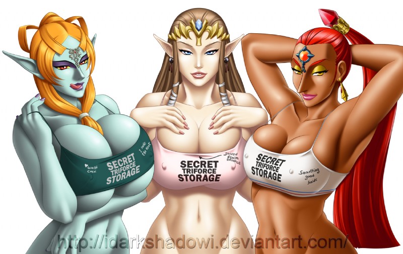 big_breasts breasts cleavage clothed clothing erect_nipples female group looking_at_viewer nipple_outline nipples not_furry smile text under_boob idarkshadowi nintendo the_legend_of_zelda twilight_princess midna_(true_form) nabooru princess_zelda gerudo humanoid hylian twili 2015 digital_media_(artwork) english_text