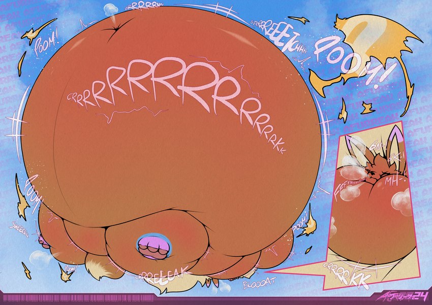 air_puff balloon_popping belly_blush blush body_blush close_to_bursting feral heavy_blush hyper hyper_inflation imminent_popping immobile implied_popping inflation inflation_fetish navel onomatopoeia power_balloon puffed_cheeks sound_effects spherical_inflation text afurreak mario_bros nintendo pokemon elle_the_eevee eevee generation_1_pokemon pokemon_(species) 2024 hi_res