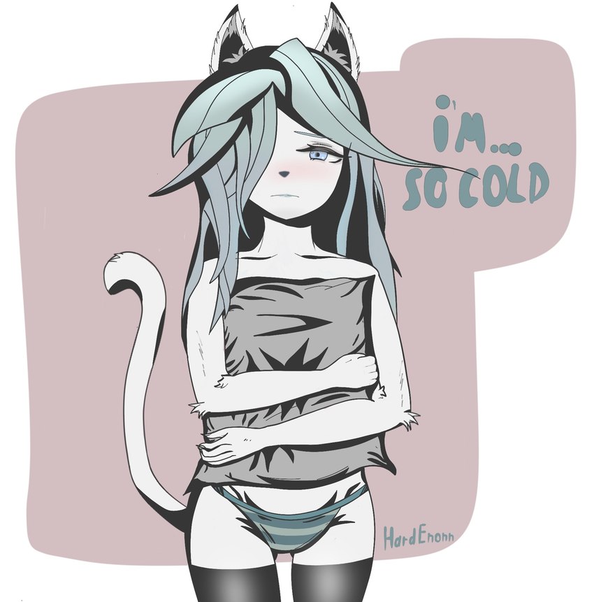 anthro cat_tail clothing female hair legwear panties simple_background solo stockings underwear hardenonn domestic_cat felid feline felis mammal hi_res