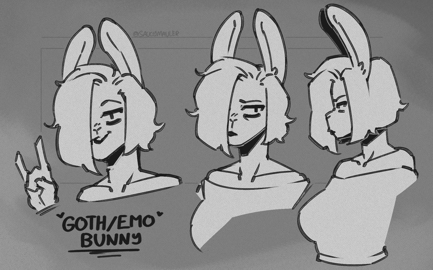 alternative_fashion anthro biped clothed clothing ears_up emo female goth hair hand_sign one_eye_obstructed short_hair smile solo text spikedmauler lagomorph leporid mammal rabbit 2024 black_and_white english_text greyscale hi_res model_sheet monochrome signature sketch