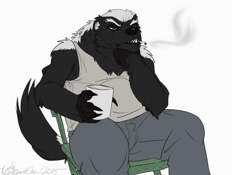 anthro belly beverage big_belly cigarette clothed clothing fur male simple_background smoke smoking solo teeth white_background regentshaw badger honey_badger mammal mustelid musteline