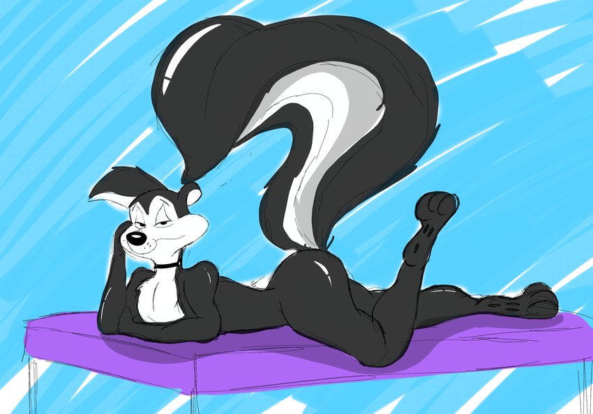 anthro bent_legs butt feet legs_up male pose tail jrxt looney_tunes the_looney_tunes_show warner_brothers pepe_le_pew mammal mephitid skunk hi_res pinup