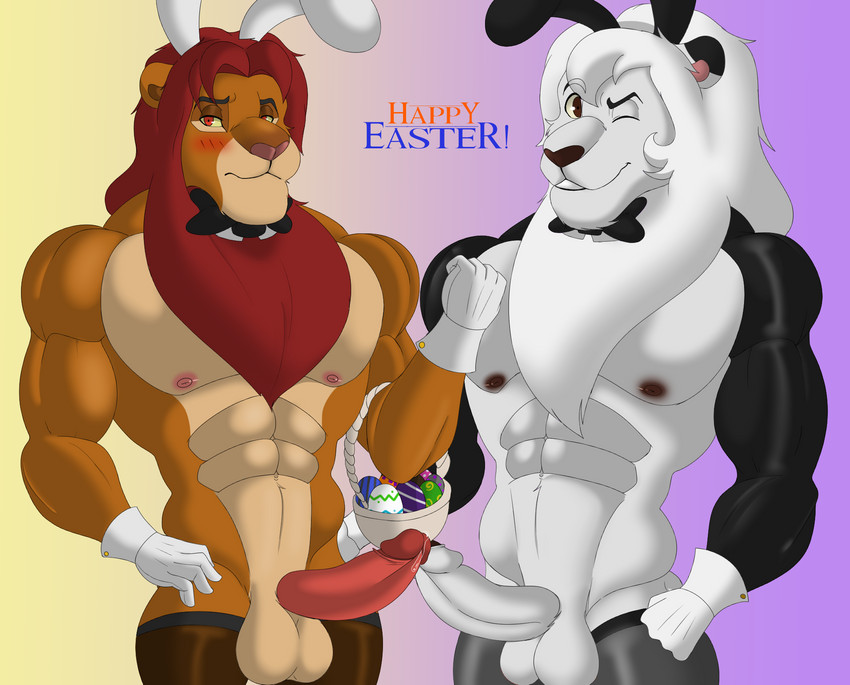 anthro balls barazoku basket biceps blush bodily_fluids bow_(feature) bow_in_front bow_tie clothing container costume duo egg erection fake_ears fake_rabbit_ears foreskin fur genital_fluids genitals gloves handwear humanoid_genitalia humanoid_penis legwear looking_at_viewer male muscular muscular_anthro muscular_male nipples nude pecs penis precum reverse_bunny_costume simple_background smile stockings translucent translucent_clothing klr-rio disney kimba_the_white_lion osamu_tezuka the_lion_king kimba simba_(the_lion_king) felid lion mammal pantherine digital_media_(artwork) hi_res