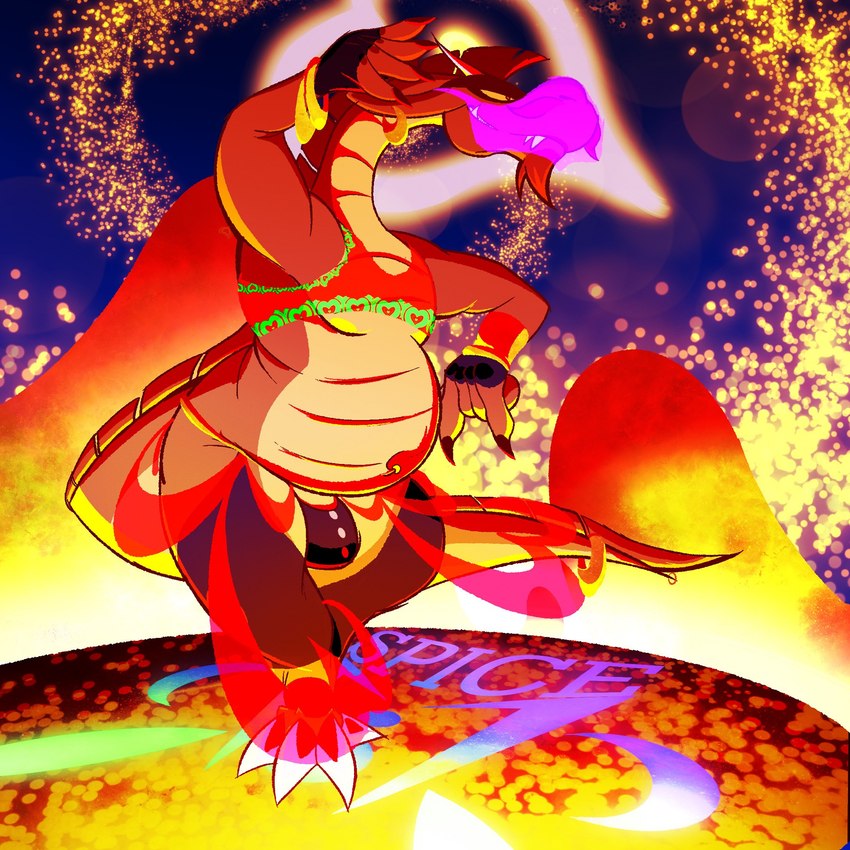 anthro belly brown_body bulge claws clothed clothing dancer_outfit dancing male mohawk overweight red_eyes skimpy solo thong toe_claws underwear yellow_sclera spicedice3 kings_of_hell mythology bune_(kings_of_hell) dragon mythological_creature mythological_scalie scalie 1:1 hi_res