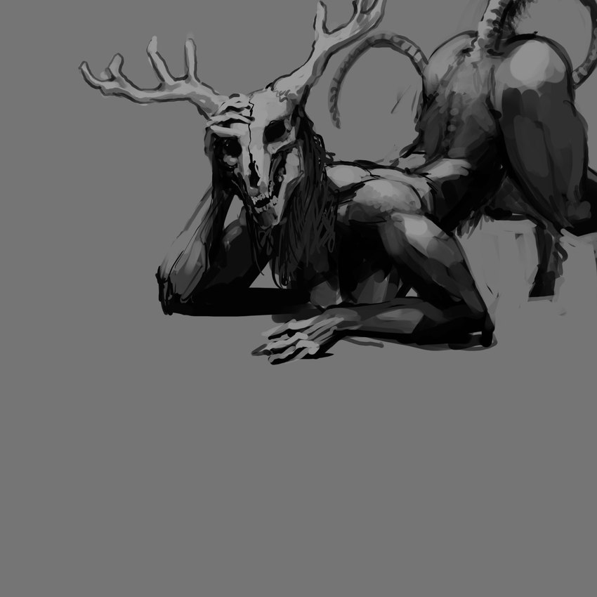 all_fours anthro antlers ass_up bone breasts butt female fur horn looking_at_viewer seductive sharp_teeth skull skull_head solo teeth thick_thighs wide_hips meandraco american_mythology indigenous_north_american_mythology mythology north_american_mythology monster wendigo 1:1 hi_res monochrome