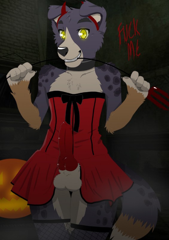 amber_eyes anthro balls clothed clothing collar corset corset_dress costume crossdressing dress erection femboy food fruit genitals grin holidays knot legwear lingerie male penis plant pumpkin smile solo stockings thigh_highs topwear ariesartist halloween canid canine canis domestic_dog mammal hi_res