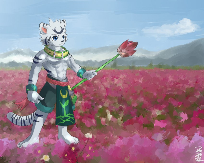 anthro athletic athletic_male blue_eyes clothing flower fur hair male plant shirtless_male sky solo standing striped_body stripes white_body white_fur young young_male ainro elysium_above guang_yuan felid mammal pantherine tiger 5:4