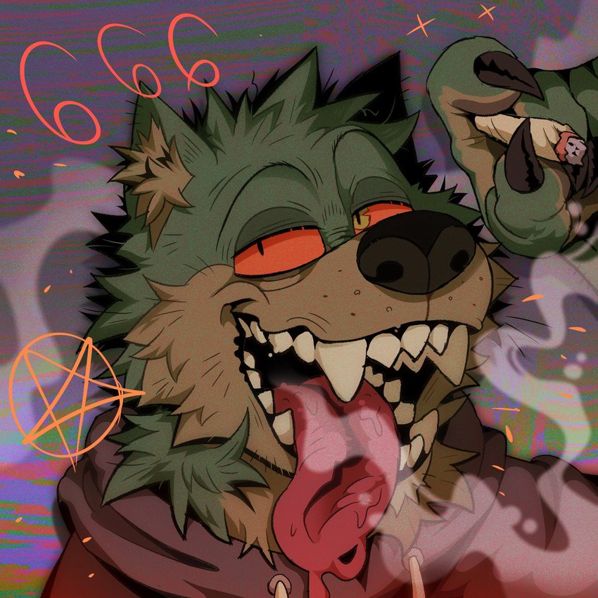 666 abstract_background anthro biped bodily_fluids clothed clothing countershade_fur countershading drooling drugs fangs fur green_body green_fur hoodie joint looking_at_viewer male marijuana occult_symbol pentagram psychedelic red_clothing red_hoodie red_sclera red_topwear saliva scruffy shaggy_fur shaggy_hair smoke smoking solo symbol tan_body tan_fur teeth tongue tongue_out topwear yellow_eyes melvu_drago canid canine canis mammal wolf 1:1 2024 bust_portrait hi_res portrait