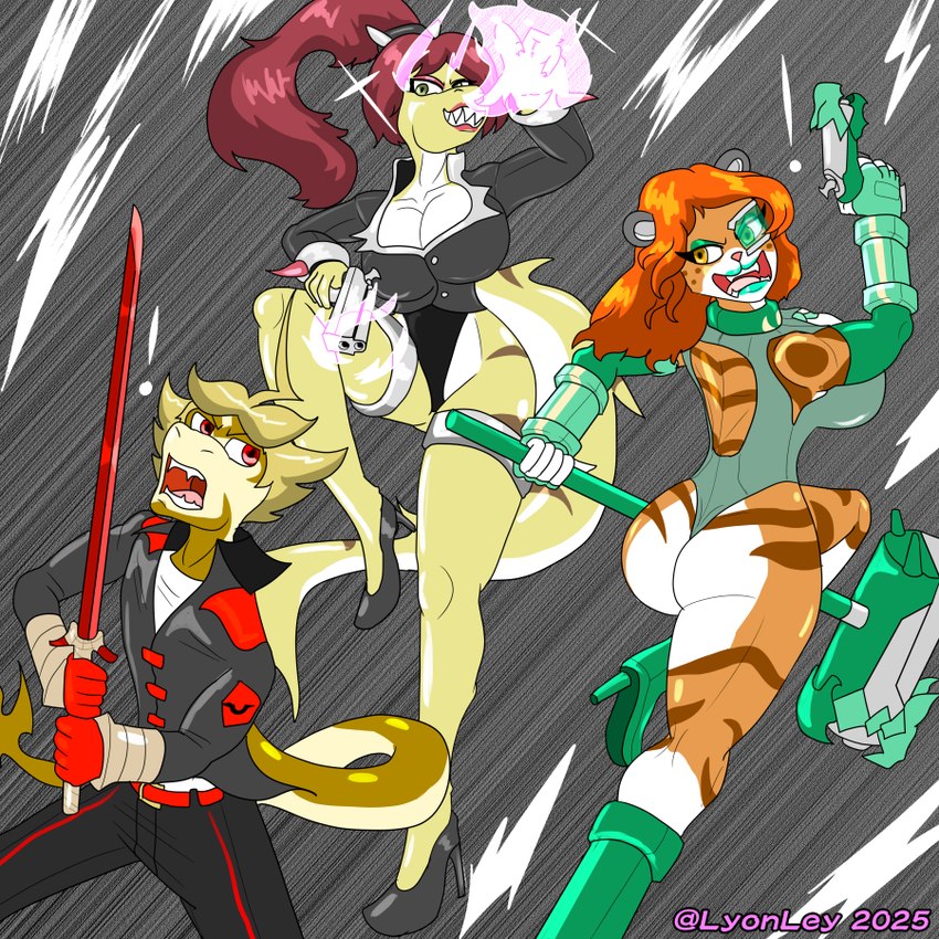 action_scene anthro bare_legs black_bottomwear black_clothing black_leotard black_pants blonde_hair boots bottomwear breasts business_suit cleavage clothed clothing combat_boots combat_gloves female fingerless_gloves footwear fur gloves green_clothing green_eyes green_leotard green_makeup green_visor group gun hair hammer handgun handwear high_heeled_boots high_heels jacket leotard magic_user male multicolored_body multicolored_scales open_mouth orange_body orange_fur orange_hair pants ranged_weapon red_clothing red_eyes red_gloves red_hair red_handwear red_makeup red_sword scales shoes sinister_smile striped_body striped_fur stripes suit tan_body tan_scales thong_leotard tools topwear trio two_tone_body two_tone_scales weapon white_body white_fur white_scales yellow_body yellow_eyes yellow_scales lyonley hellgash regina_(kadath) tori_(drpossibly) tori_atlis domestic_cat felid feline felis fish mammal marine shark spiked_lizard 1:1