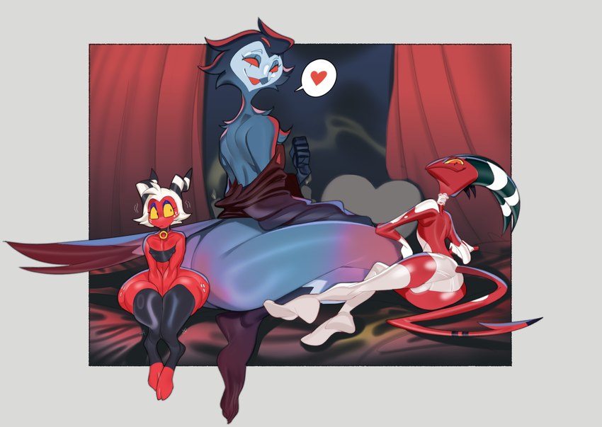 anthro big_butt biped blue_body bottomless bulge butt clothed clothing femboy front_view group hair heart_symbol legwear looking_at_viewer male panties pupils red_body red_eyes sitting spade_tail tail thick_thighs thigh_highs trio underwear white_hair yellow_eyes submarine_screw helluva_boss blitzo_(helluva_boss) moxxie_(helluva_boss) stolas_(helluva_boss) avian bird demon human humanoid imp mammal owl owl_demon 2025 hi_res