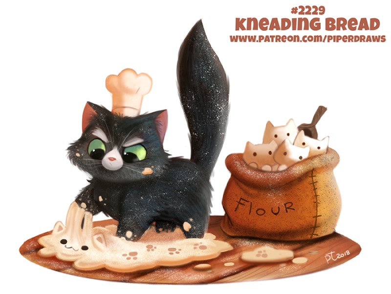 ambiguous_gender black_body black_fur chef_hat clothing dough feral flour frown fur green_eyes hat headgear headwear simple_background solo white_background piper_thibodeau domestic_cat felid feline felis inanimate_object mammal 2018 digital_media_(artwork) digital_painting_(artwork)