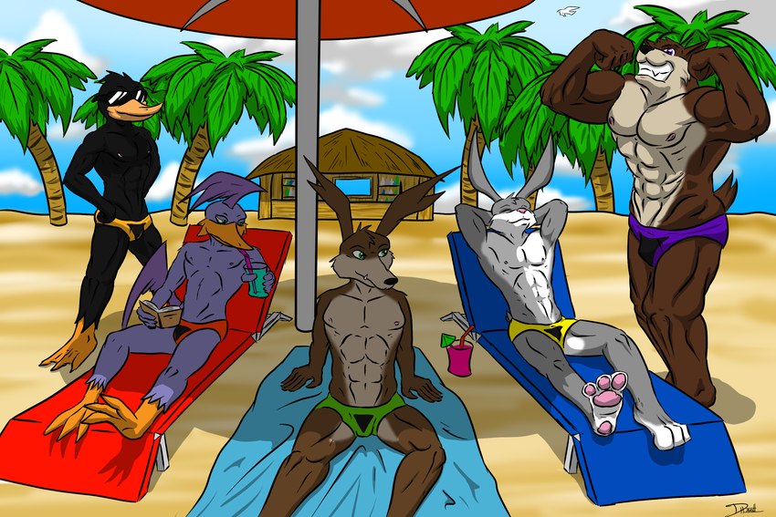 5_fingers abs anthro beach beak biceps biped book clothed clothing detailed_background drinking eyewear fangs feathers fingers flexing fur group male male/male muscular nipples on_towel outside pecs sand seaside speedo sunglasses swimwear teeth topless towel iudicium86 loonatics_unleashed looney_tunes warner_brothers ace_bunny danger_duck rev_runner slam_tasmanian tech_e._coyote anatid anseriform avian bird canid canine canis coyote cuculiform dasyurid dasyuromorph duck lagomorph leporid mammal marsupial new_world_ground_cuckoo rabbit roadrunner tasmanian_devil 2012 hi_res