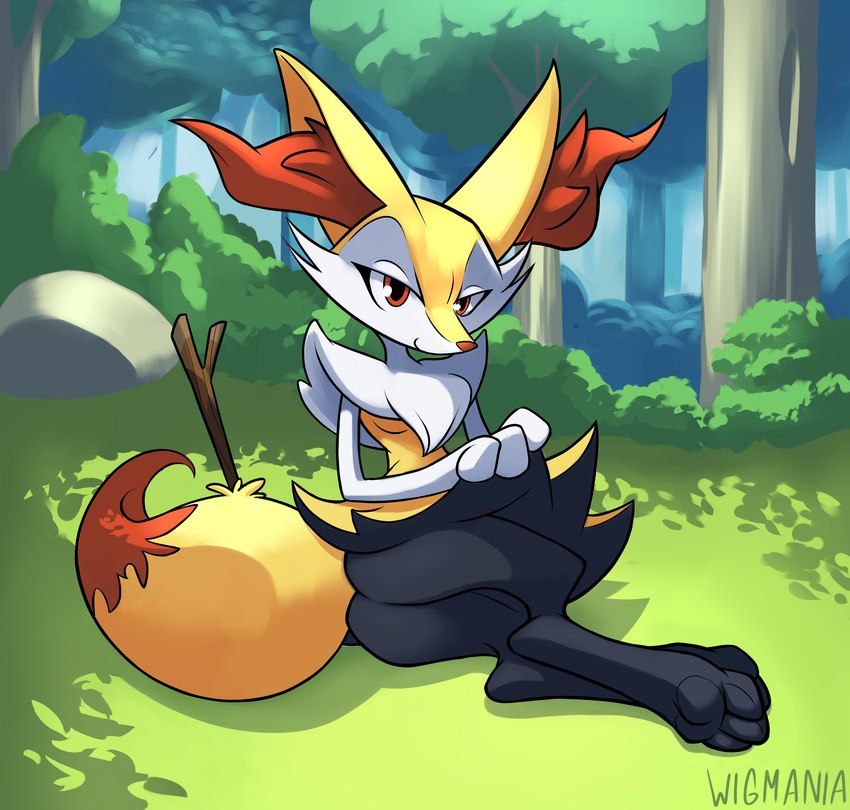 anthro bottomwear clothed clothing clothing_lift detailed_background dipstick_tail feet female forest forest_background inner_ear_fluff looking_at_viewer markings nature nature_background outside pawpads paws plant skirt skirt_lift smile soles solo stick stick_in_tail tail tail_markings toes tree tuft wigmania nintendo pokemon braixen generation_6_pokemon pokemon_(species) 2021 absurd_res digital_media_(artwork) hi_res