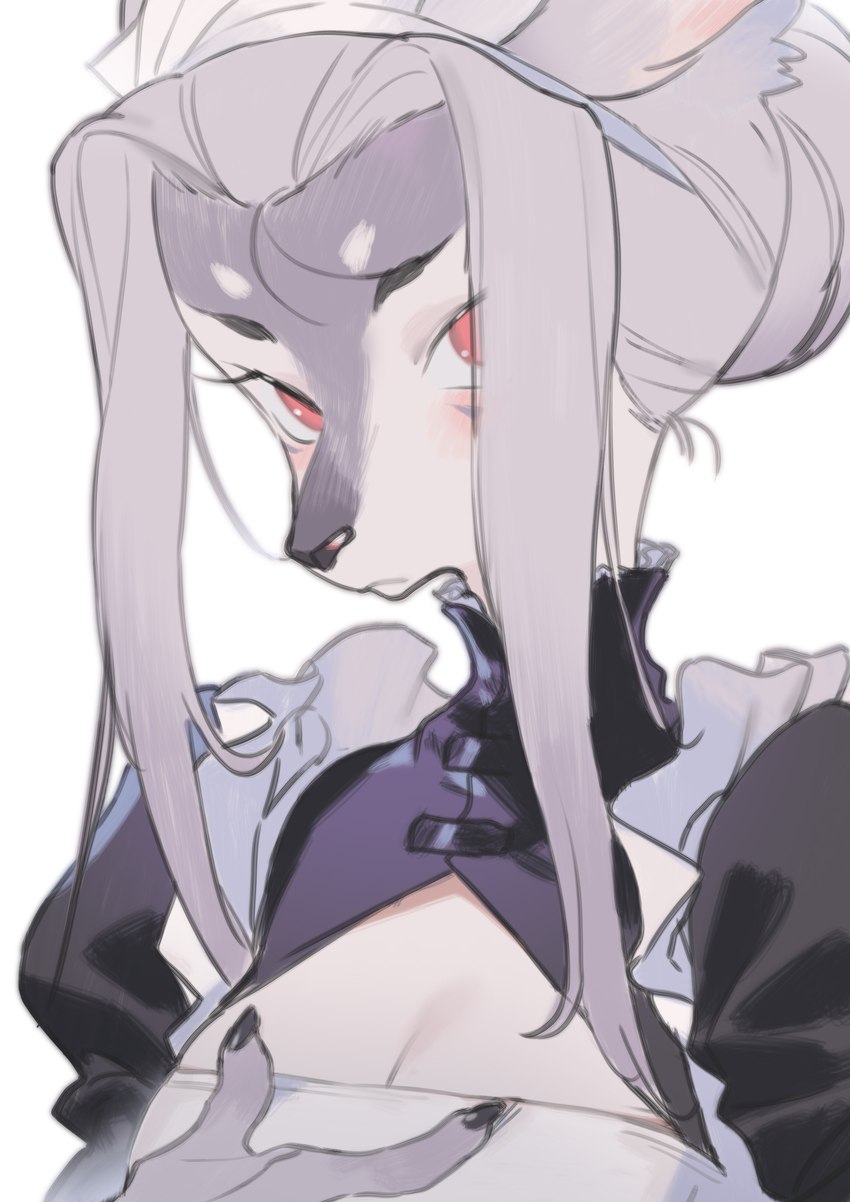 anthro black_claws black_nose blush breasts claws cleavage clothed clothing female frown fur grey_body grey_fur grey_hair hair hair_bun hair_over_eye long_hair looking_at_viewer maid_uniform one_eye_obstructed red_eyes simple_background solo uniform white_background wxyjs1997 onmyoji hakuro_(onmyoji) canid canine canis mammal wolf absurd_res half-length_portrait hi_res portrait