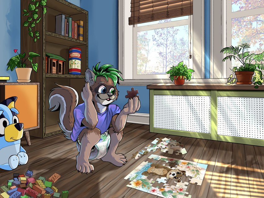 anthro blue_eyes bodily_fluids brown_body brown_fur clothed clothing crouching diaper excited floor fur furniture genital_fluids green_eyes green_hair hair hand_on_head heterochromia inside lego_brick light light_beam living_room male multicolored_body multicolored_fur open_mouth open_smile pantsless plant plant_pot playing plushie potted_plant purple_clothing purple_shirt purple_topwear puzzle puzzle_piece sagging_diaper shelf shirt smile solo sunbeam sunlight table tongue topwear two_tone_body two_tone_fur unclean_diaper urine used_diaper wet_diaper white_body white_fur window wood wood_floor young young_anthro young_male tristan_pup lego tykables mammal procyonid raccoon 4:3 hi_res