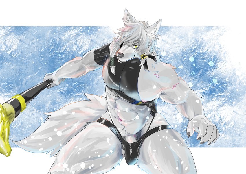 abs anthro biceps clothed clothing fur genitals grey_body grey_fur male muscular muscular_anthro muscular_male navel pecs penis penis_base skimpy snow solo staff straining_underwear thong underwear rotton anothereidos_of_dragon_vein_r theodor_(anothereidos_r) canid canine canis mammal wolf absurd_res hi_res