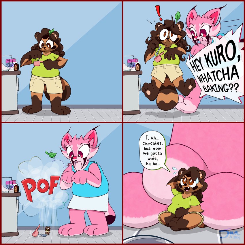 4_panel_comic anthro border brown_body brown_eyes brown_fur cooking cupcake dialogue duo extreme_size_difference feet female food foot_focus fur genderfluid hair kitchen kitchen_utensils leaf long_hair micro pink_body pink_fur red_border red_eyes shrinking size_difference size_transformation text tools transformation pinkfairy kuro_(pinkfairy) tammy_(pinkfairy) canid canine felid feline lynx mammal raccoon_dog tanuki 1:1 2024 artist_name comic english_text hi_res trans_(lore) trans_woman_(lore)