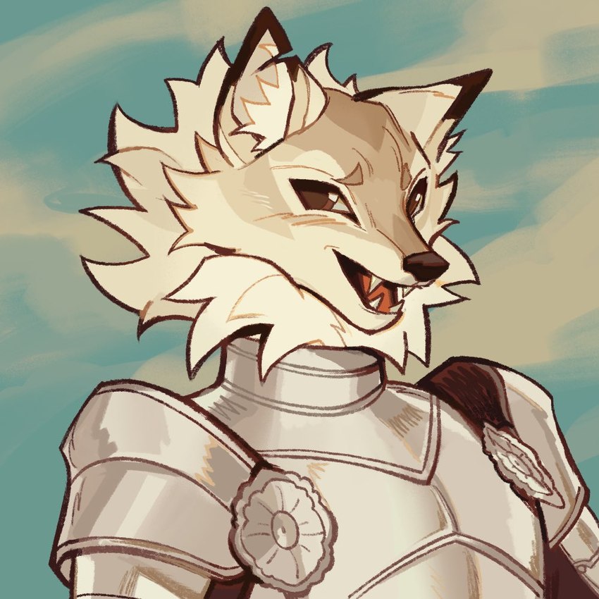 anthro armor besagew biped breastplate brown_eyes cuirass fur gorget grey_body grey_fur knight looking_at_viewer male male_anthro open_mouth open_smile pauldron slim_anthro slim_male smile solo warrior white_body white_fur mosswyrmz canid canine fox mammal 1:1 2024