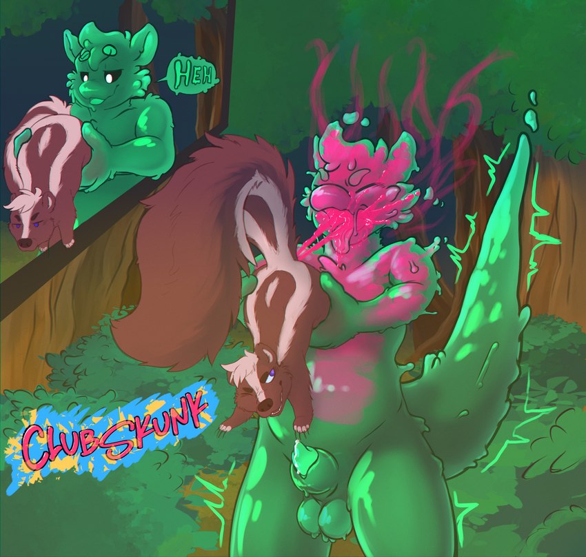 action_line animal_genitalia anthro background_shot black_sclera bodily_fluids brown_body brown_fur claws dialogue dialogue_box feral filled_belly forest forest_background fur genitals green_body green_goo green_penis green_tongue highlights_(coloring) markings nature nature_background outside penis penis_tip plant pupils purple_eyes sheath skunk_spray slime speech_bubble spray spraying spraying_in_mouth spraying_on_face stink_fumes stink_lines toe_claws tongue translucent translucent_body tree unusual_bodily_fluids white_body white_eyes white_fur white_markings white_pupils clubskunk cass_(clubskunk) fink_(farfetchedfink) goo_creature mammal mephitid mephitidae skunk absurd_res hi_res