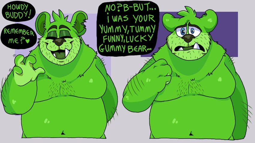 anthro belly candy dessert eyes_closed food green_body gummy_(food) gummy_bear_(food) male moobs overweight overweight_anthro overweight_male sad simple_background solo text lewdookami meanookami gummybear_and_friends gummibar bear food_creature mammal 2021 english_text