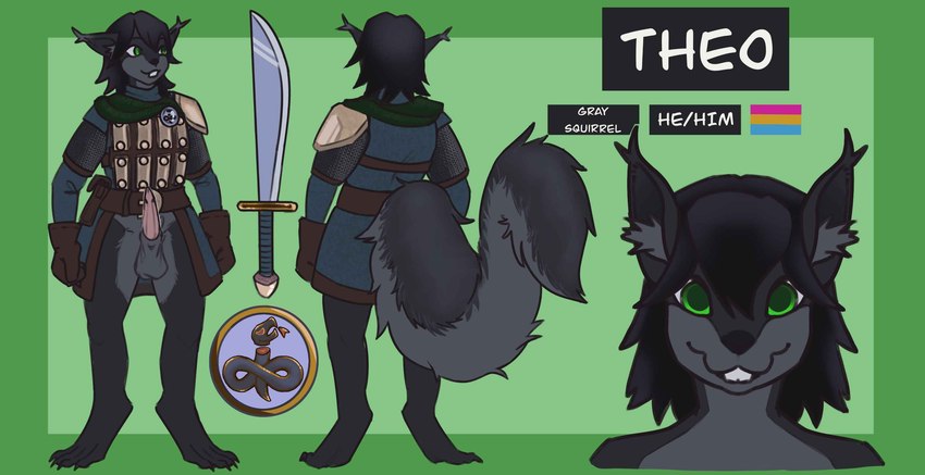 animal_genitalia anthro armor balls black_hair bottomless buckteeth chainmail clothed clothing digitigrade falchion fur genitals gloves green_background green_eyes grey_body grey_fur hair handwear lgbt_pride male pansexual_pride_colors pride_colors scarf sheath simple_background solo teeth pppanth redwall fan_character theo_of_redwall grey_squirrel mammal rodent sciurid tree_squirrel full-length_portrait hi_res model_sheet portrait