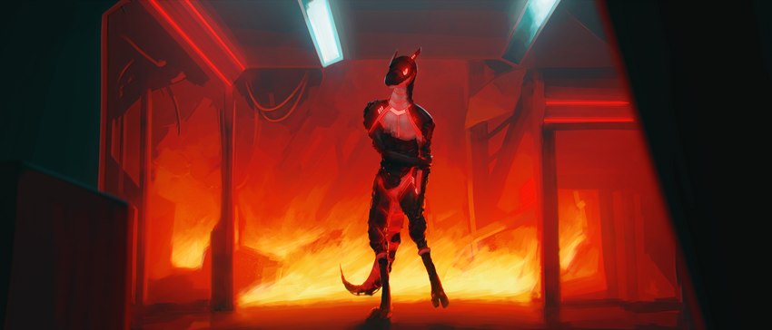 anthro burned damaged fire laboratory machine male science science_fiction scientist solo synthetic tail synthpara fleisher_(roifantome) roifantome robot synth_(vader-san) broken 7:3 absurd_res hi_res