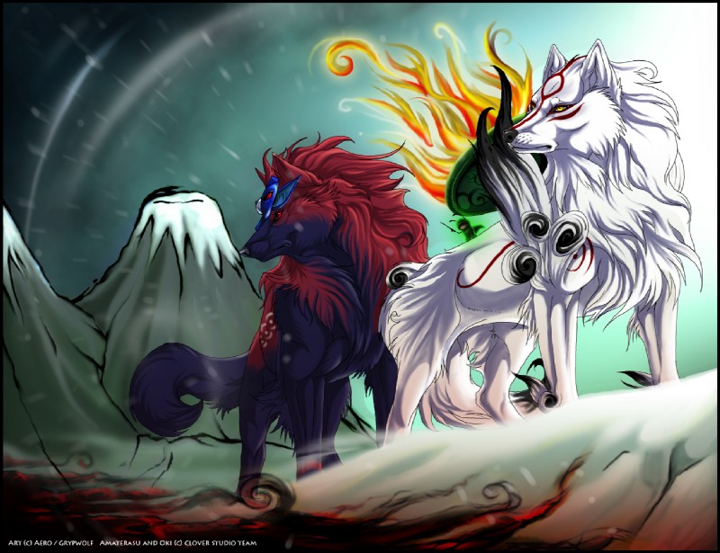 ambiguous_gender blue_body blue_fur digitigrade duo_focus extreme_size_difference feral fur group hair male mask mountain multicolored_hair outside quadruped size_difference snow tail weapon white_body white_fur grypwolf capcom clover_studio okami_(capcom) amaterasu_(okami) issun_(okami) oki_(okami) canid canine canis deity mammal poncle wolf 2011