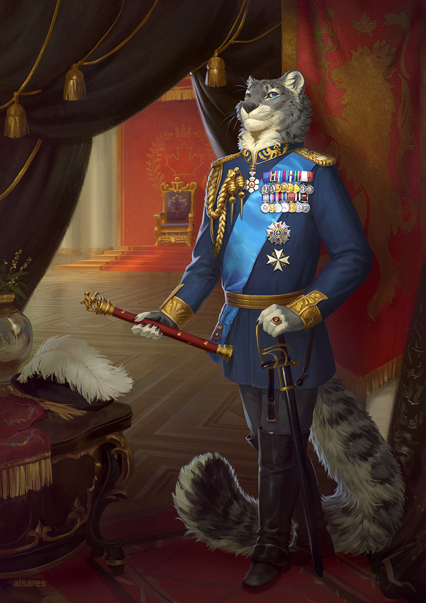 5_fingers aiguillette anthro baroque_architecture black_nose black_spots blue_eyes clothing detailed_background fingers fur grey_body grey_fur jewelry male markings medal melee_weapon parquet scepter smile solo spots spotted_body spotted_fur standing sword tail uniform weapon alsares felid mammal pantherine snow_leopard 2021 digital_media_(artwork) digital_painting_(artwork) hi_res