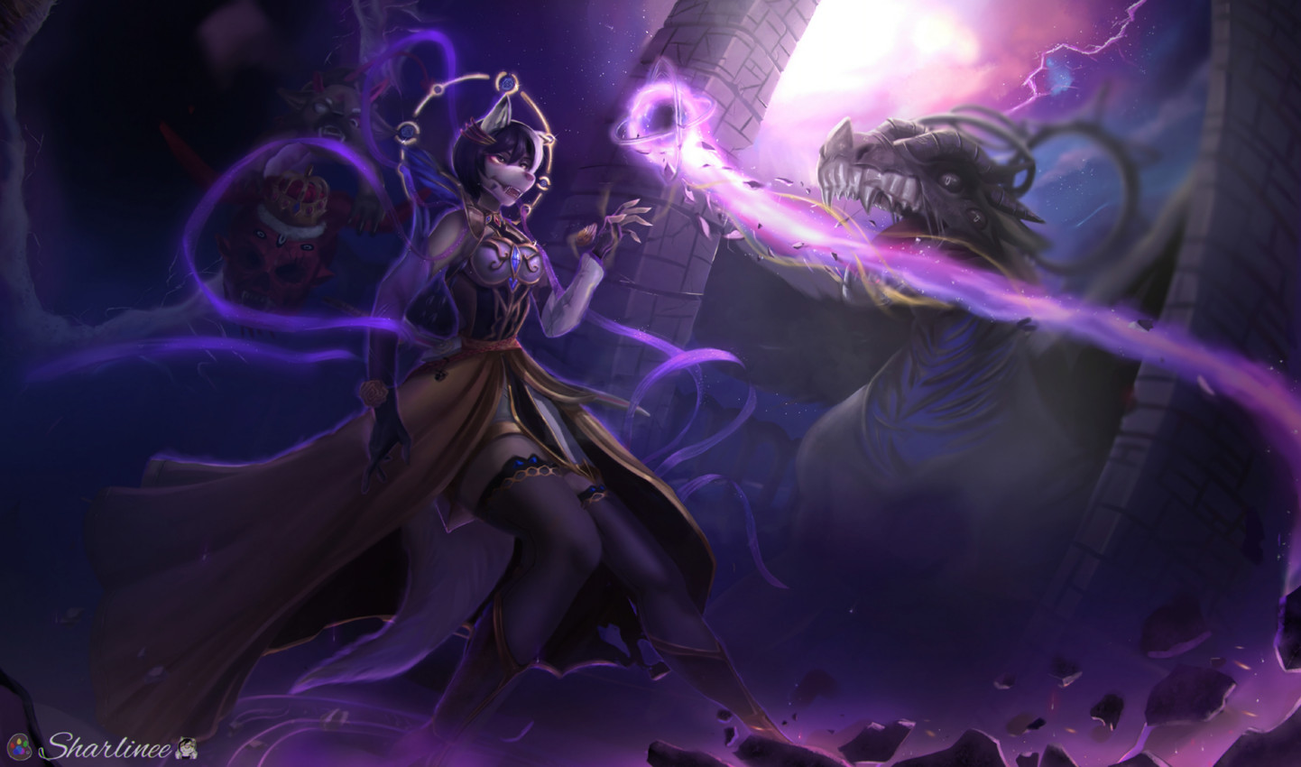 anthro clothing dress fangs fantasy female legwear looking_at_viewer magic male open_mouth solo splash_art teeth thigh_highs sharline sharline_(sharline) canid canine mammal vampire absurd_res digital_drawing_(artwork) digital_media_(artwork) hi_res watermark