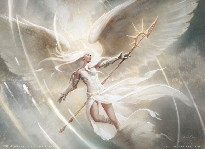 armwear clothed clothing cloud dress elbow_gloves feathered_wings feathers female flying footwear gloves hair handwear lacing magic magic_user melee_weapon outside pale_skin polearm sandals shoes sky skyscape solo staff weapon white_clothing white_dress white_hair wings jason_chan hasbro magic:_the_gathering wizards_of_the_coast angel angel_humanoid humanoid winged_humanoid official_art