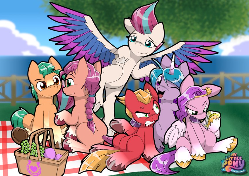 basket blonde_hair blue_eyes braided_hair braided_ponytail brown_eyes cellphone container cross-popping_vein electronics female green_eyes group hair hooves horn male phone picnic picnic_basket ponytail purple_eyes smartphone spread_wings wings jonathantaniuchi hasbro mlp_g5 my_little_pony mythology hitch_trailblazer_(mlp) pipp_petals_(mlp) sprout_cloverleaf_(mlp) sunny_starscout_(mlp) zipp_storm_(mlp) earth_pony equid equine horse mammal mythological_creature mythological_equine pegasus pony unicorn absurd_res hi_res