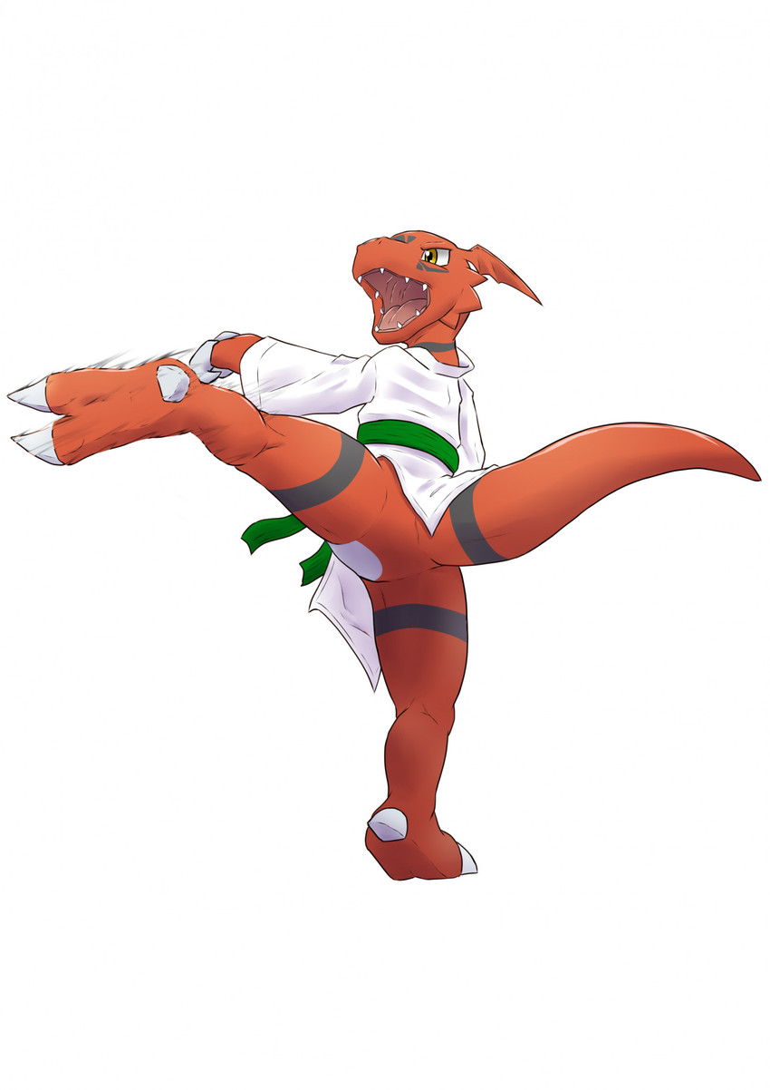 ambiguous_gender anthro attack_pose belt bottomless claws clothed clothing featureless_crotch finger_claws green_belt karate karate_belt keikogi kick martial_arts martial_arts_uniform multicolored_body null open_mouth raised_tail red_body simple_background solo sportswear standing tail toe_claws topwear two_tone_body white_background white_clothing white_topwear hector21314 bandai_namco digimon digimon_(species) guilmon reptile scalie hi_res