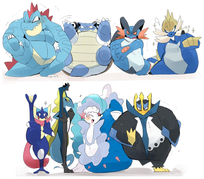 ambiguous_gender anthro black_body blue_body blue_eyes blue_hair blue_skin blush feral group hair long_hair one_leg_up raised_leg red_eyes shell shoulder_cannon standing tongue tongue_out hyaku_(artist) nintendo pokemon amphibian avian blastoise crocodilian empoleon feraligatr generation_1_pokemon generation_2_pokemon generation_3_pokemon generation_4_pokemon generation_5_pokemon generation_6_pokemon generation_7_pokemon generation_8_pokemon greninja inteleon mammal marine pinniped pokemon_(species) primarina reptile samurott scalie swampert hi_res