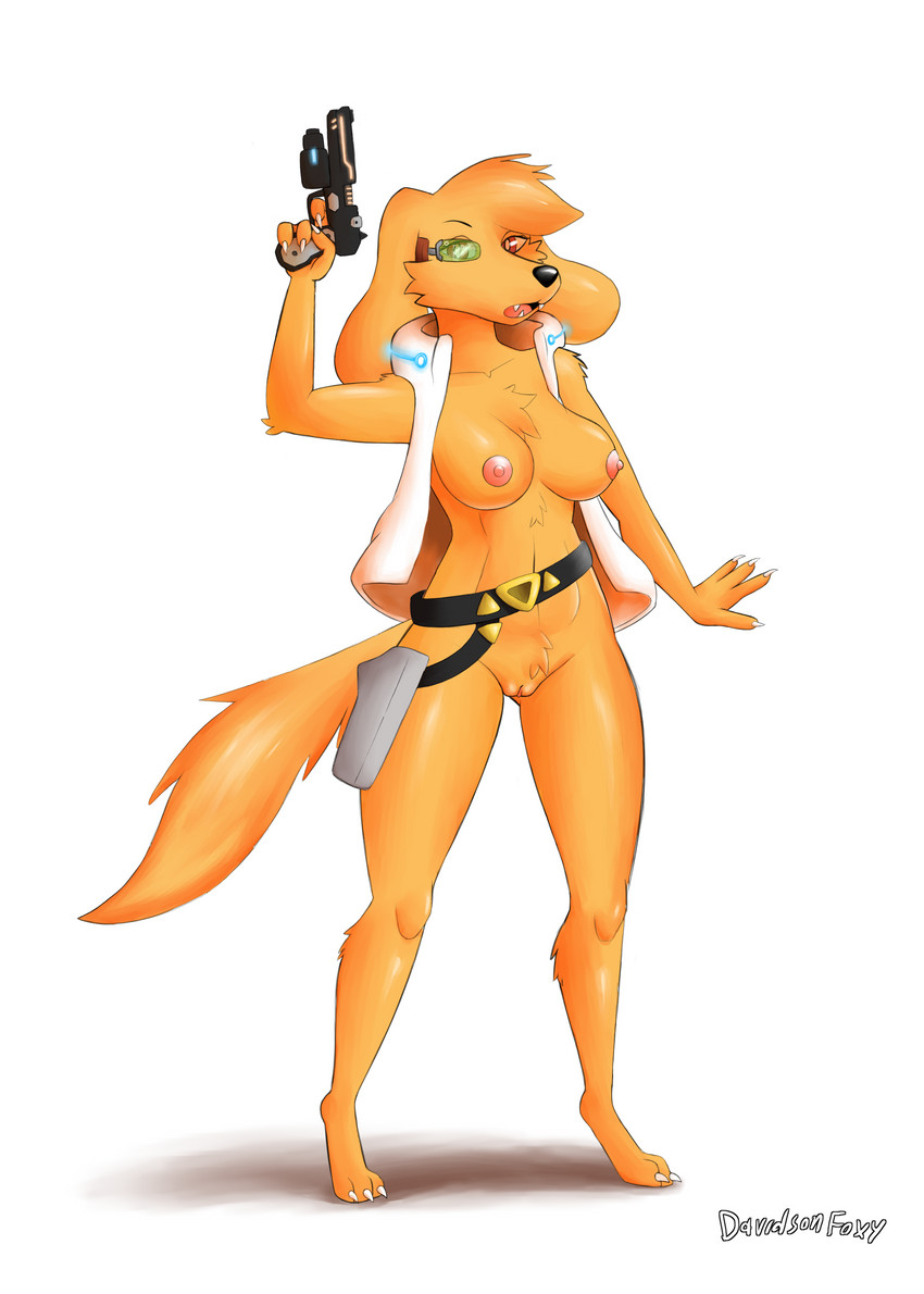 3_toes 4_fingers anthro belt black_nose breasts brown_eyes chest_tuft claws clothing cosplay fangs feet female fingers fluffy fluffy_tail fur genitals gun laser_gun mostly_nude nipples nude orange_body orange_fur pink_nipples pussy ranged_weapon solo tail teeth toe_claws toes topwear tuft vest weapon davidsone nintendo star_fox haley_(davidsone) canid canine canis domestic_dog mammal absurd_res hi_res